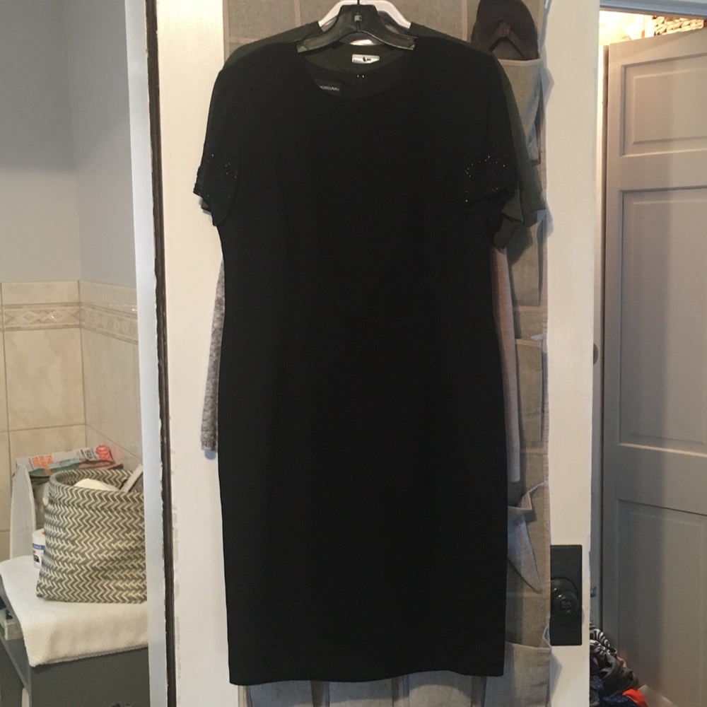 Donna Morgan Short sleeve Black Cocktail Dress with Beaded Detail on sleeves